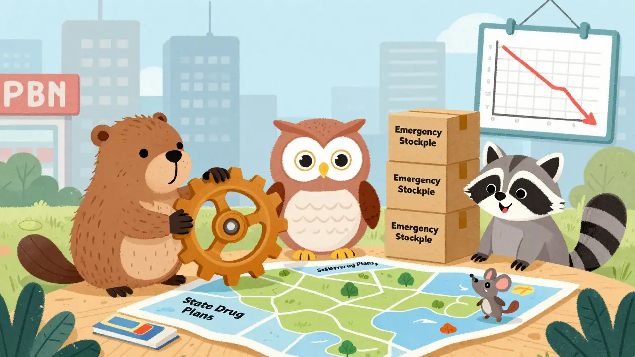 Animal characters collaborate on state drug plans, adjusting gears labeled 'PBM Transparency' and stacking emergency stockpile crates.