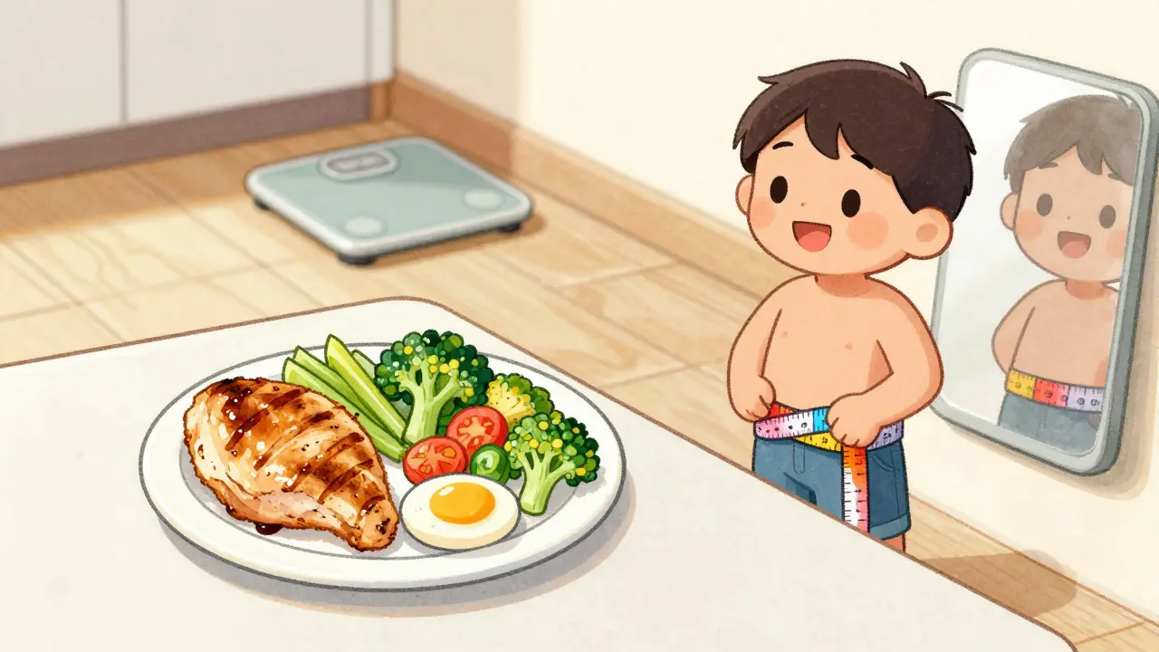 Character measuring waistline next to healthy food plate ignoring scale