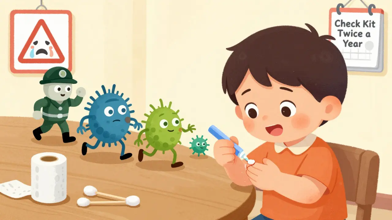 Child applying antibiotic ointment as cartoon bacteria flee from three smiling antibiotic soldiers.