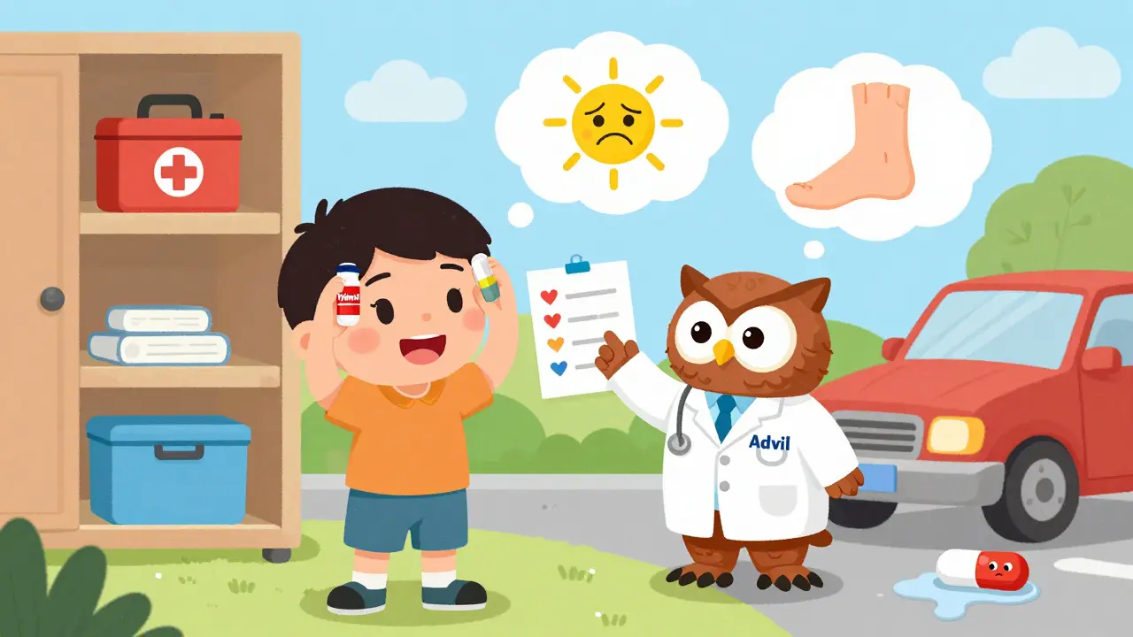 Child holding two pain relievers with thought bubbles showing headache and swollen ankle, doctor owl guiding them.