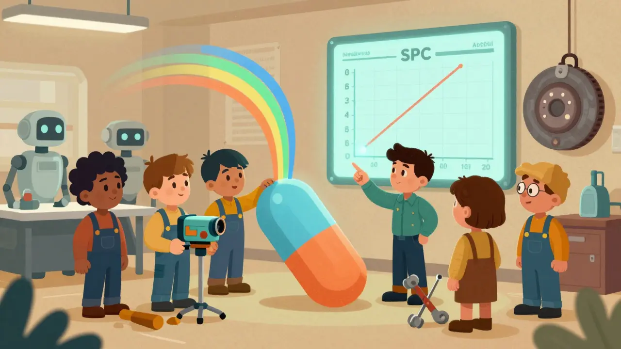 Diverse workers use colorful tools to inspect a pill and brake, with data ribbons flowing into a real-time chart.