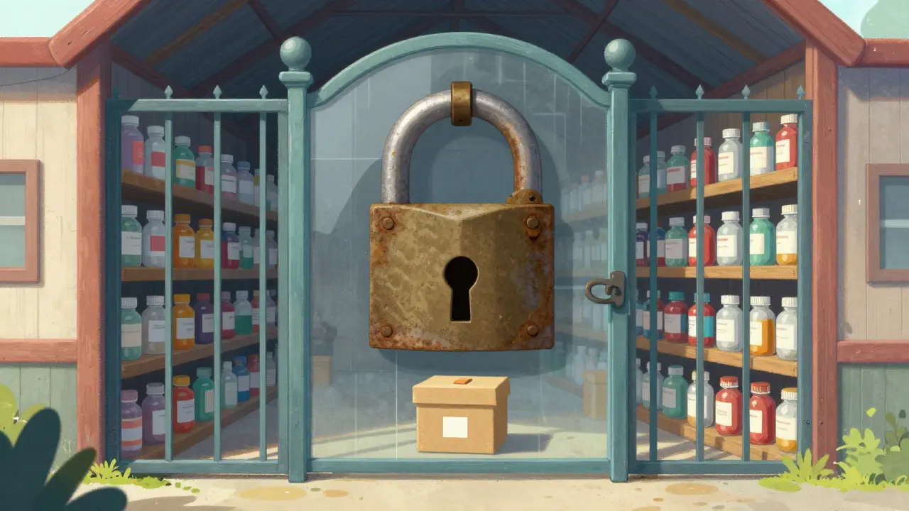 Glass gate with padlock blocking medicine boxes inside a warehouse.