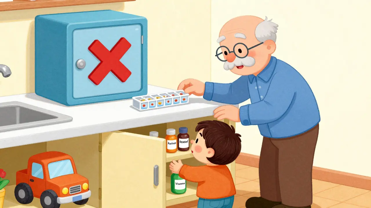 Grandpa leaves medicine on counter while child opens cabinet nearby