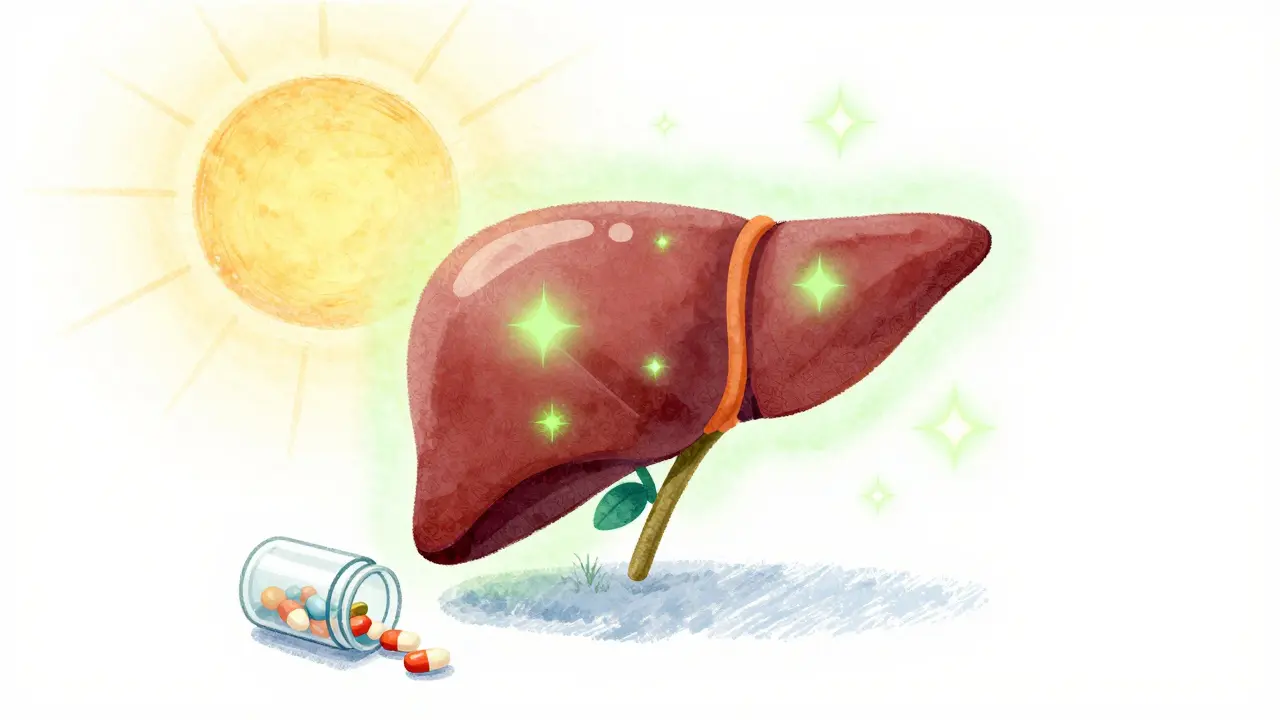 Healing liver glowing green with growth symbols around it.