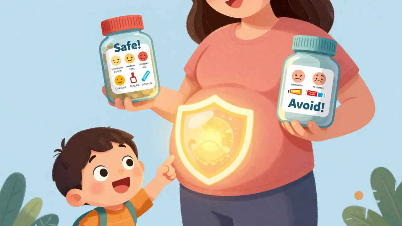 Pregnant woman comparing safe and unsafe skincare products with glowing labels.