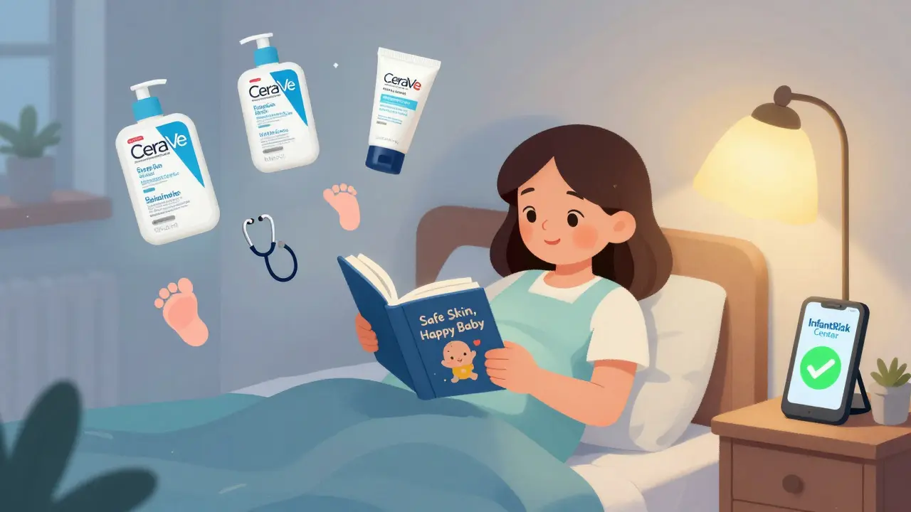 Pregnant woman reading a safety guide at night with recommended moisturizers nearby.