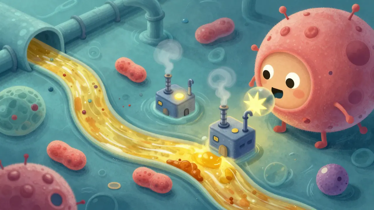 Whimsical cell interior showing mitochondria and bile flow paths.