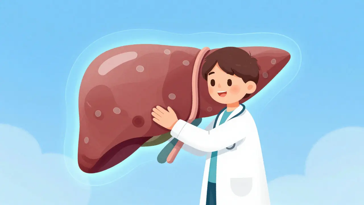 A cartoon liver with grey patches being supported by a protective blue glow for recovery.
