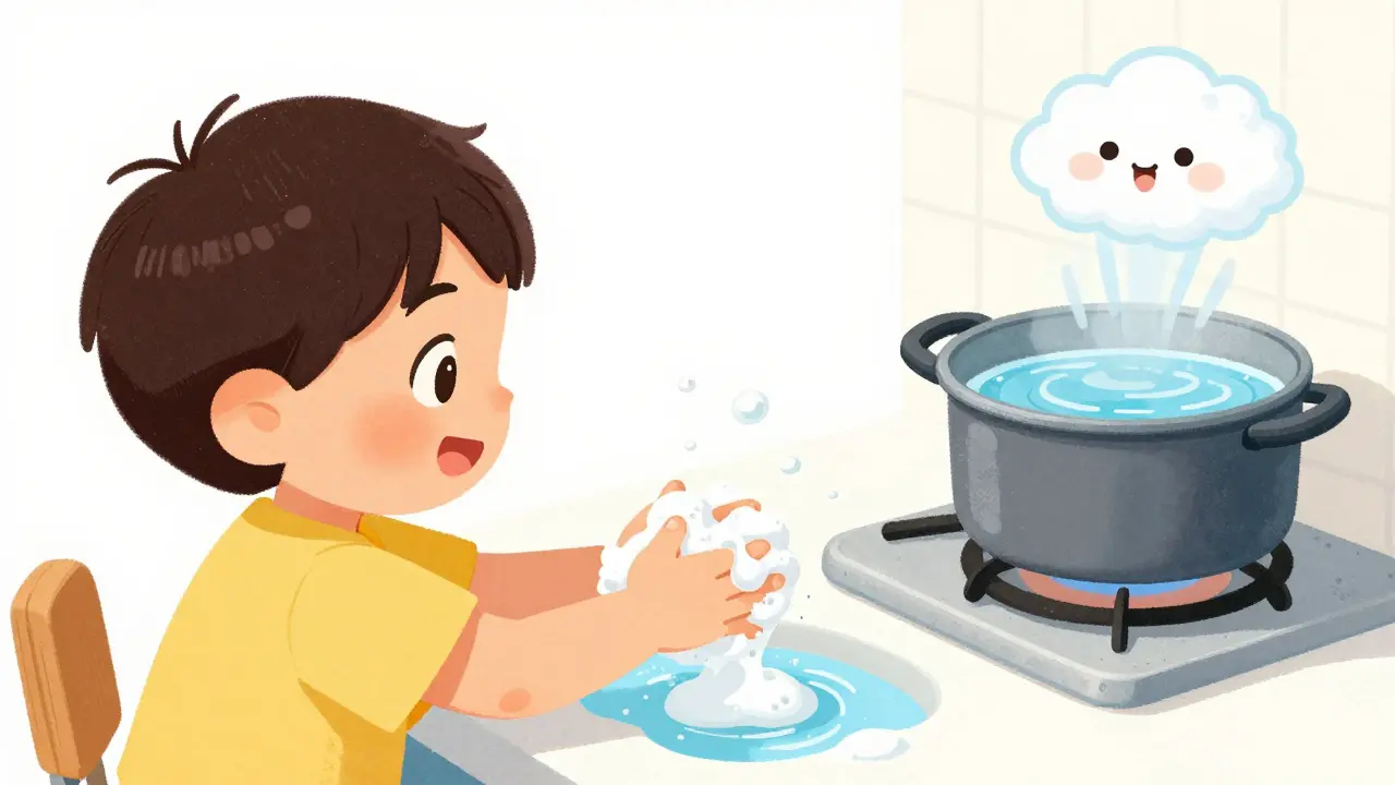 A child washing hands with soap next to a pot of boiling water.