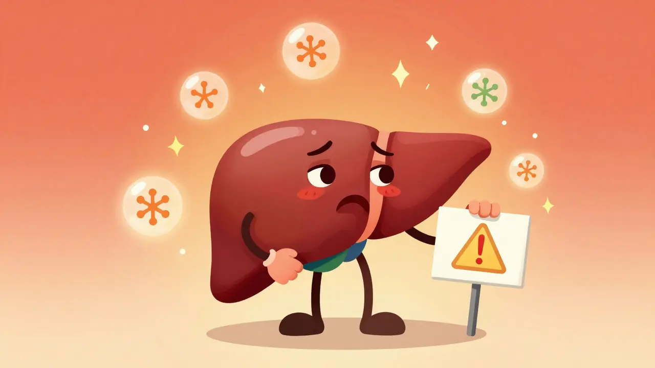 A distressed cartoon liver surrounded by red inflammatory bubbles representing hepatitis.