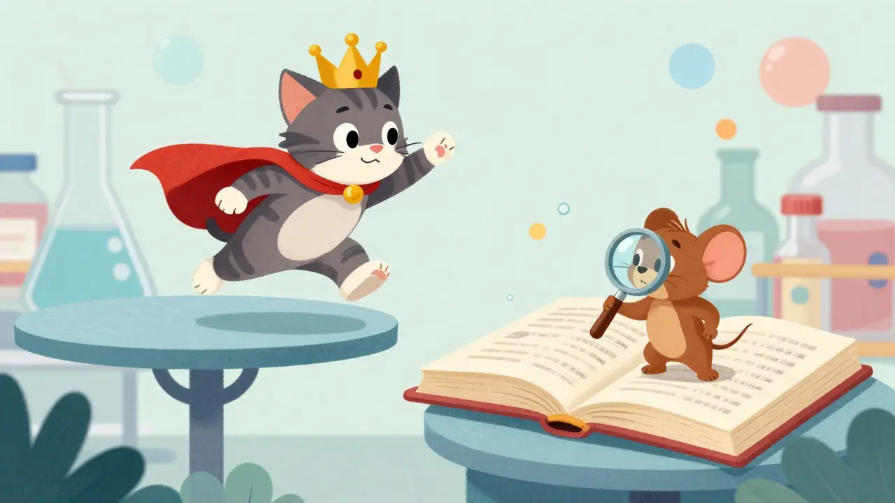 A fancy brand drug character jumping platforms while a generic drug studies data.