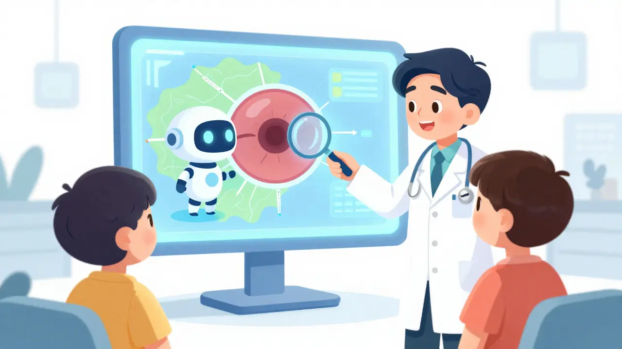 A friendly doctor and a small AI robot analyzing a colorful retina map on a screen.