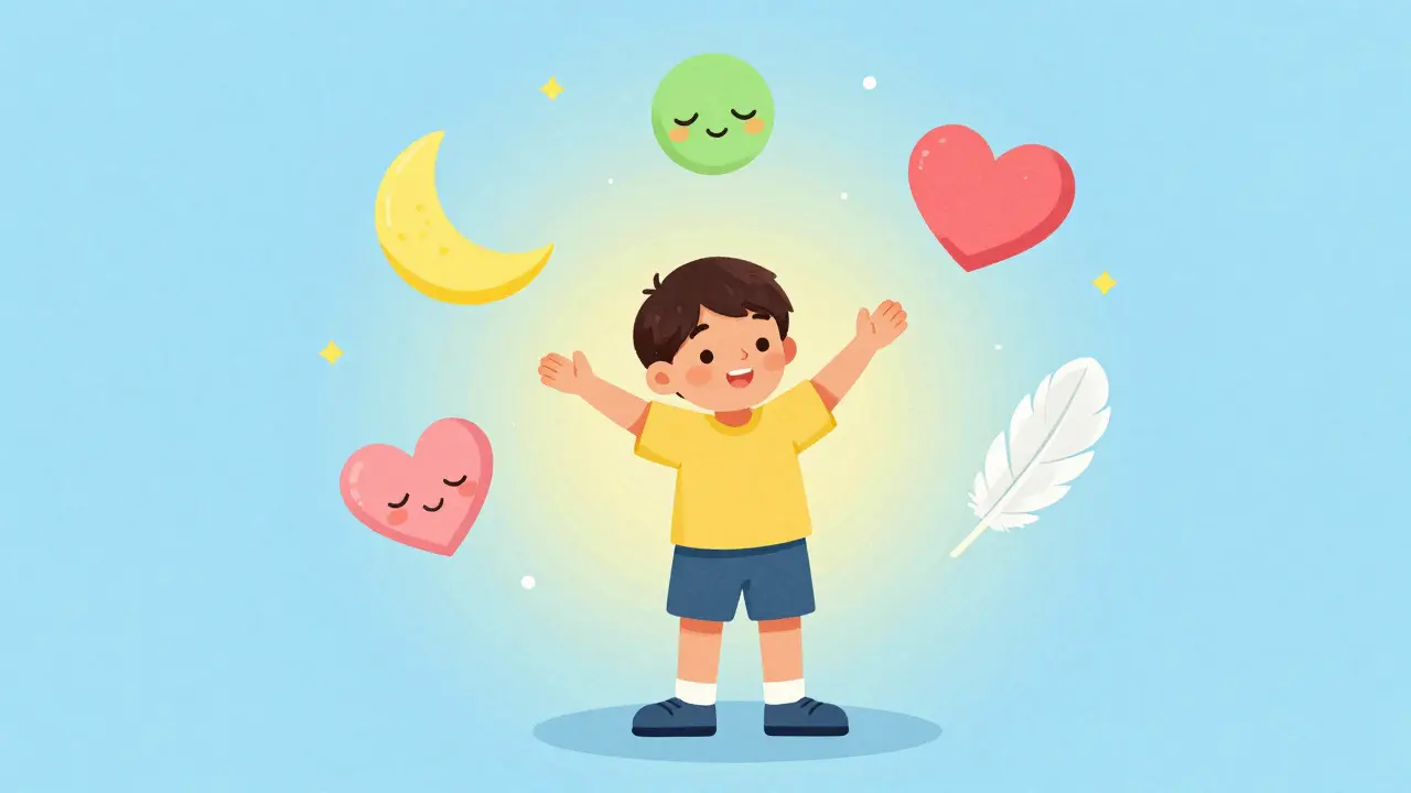 A happy person surrounded by symbols of sleep, love, and health in a bright, airy setting.