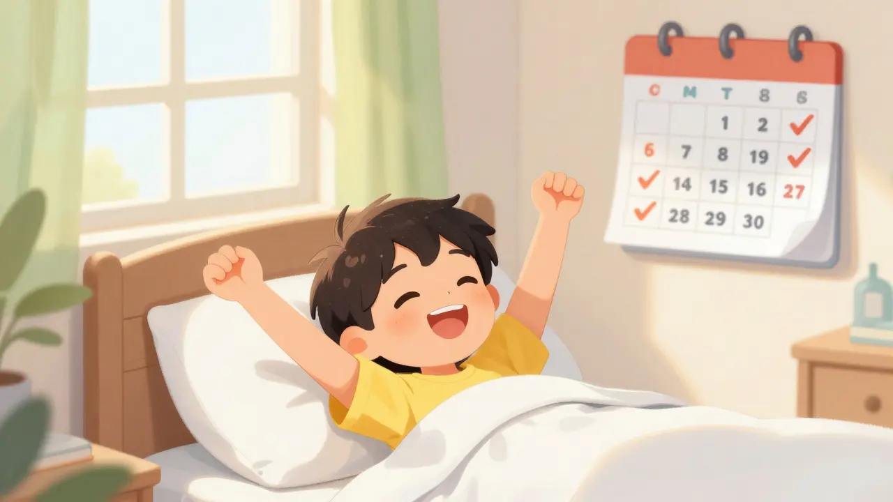 A happy person waking up refreshed in a sunlit room after completing a sleep program.