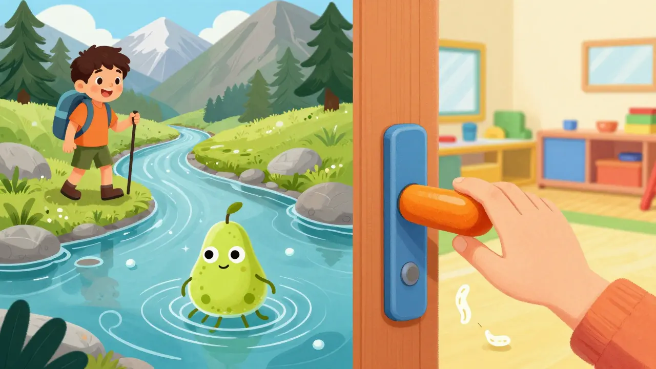 A hiker by a stream and a child touching a door handle in a daycare.