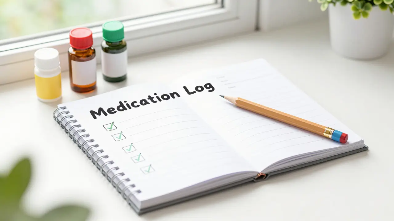 A medication log notebook and pencils next to prescription bottles