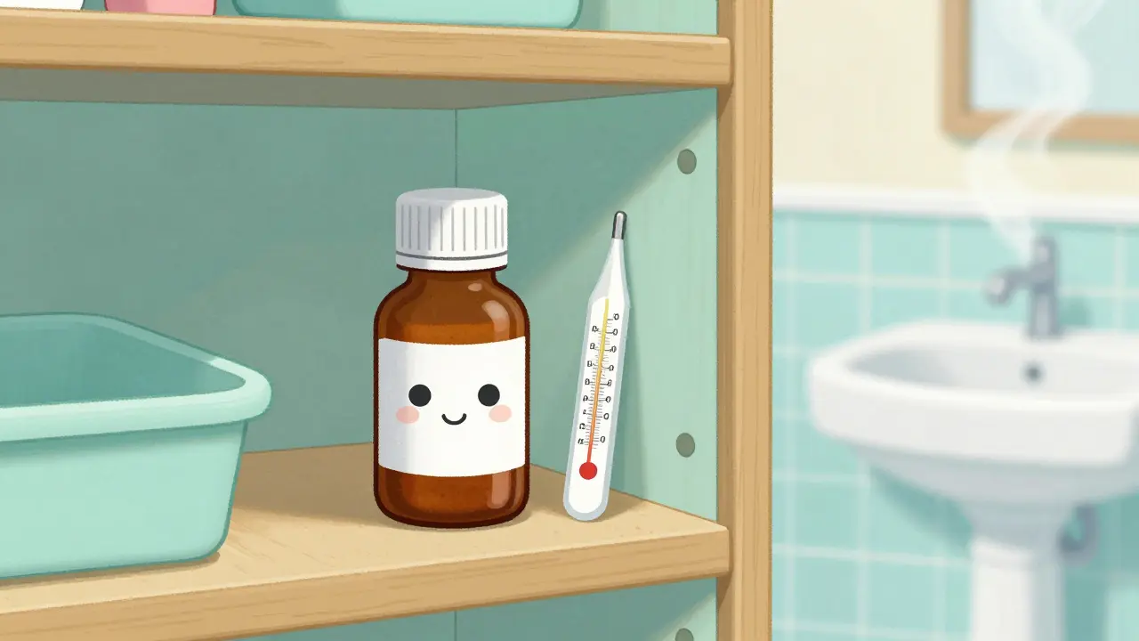 A medicine bottle stored safely in a cool, dry closet on a shelf