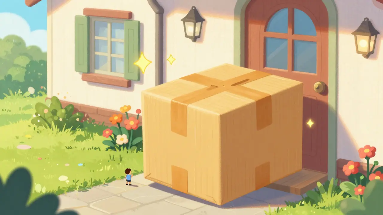 A safe medical package delivered to the front door of a cozy home