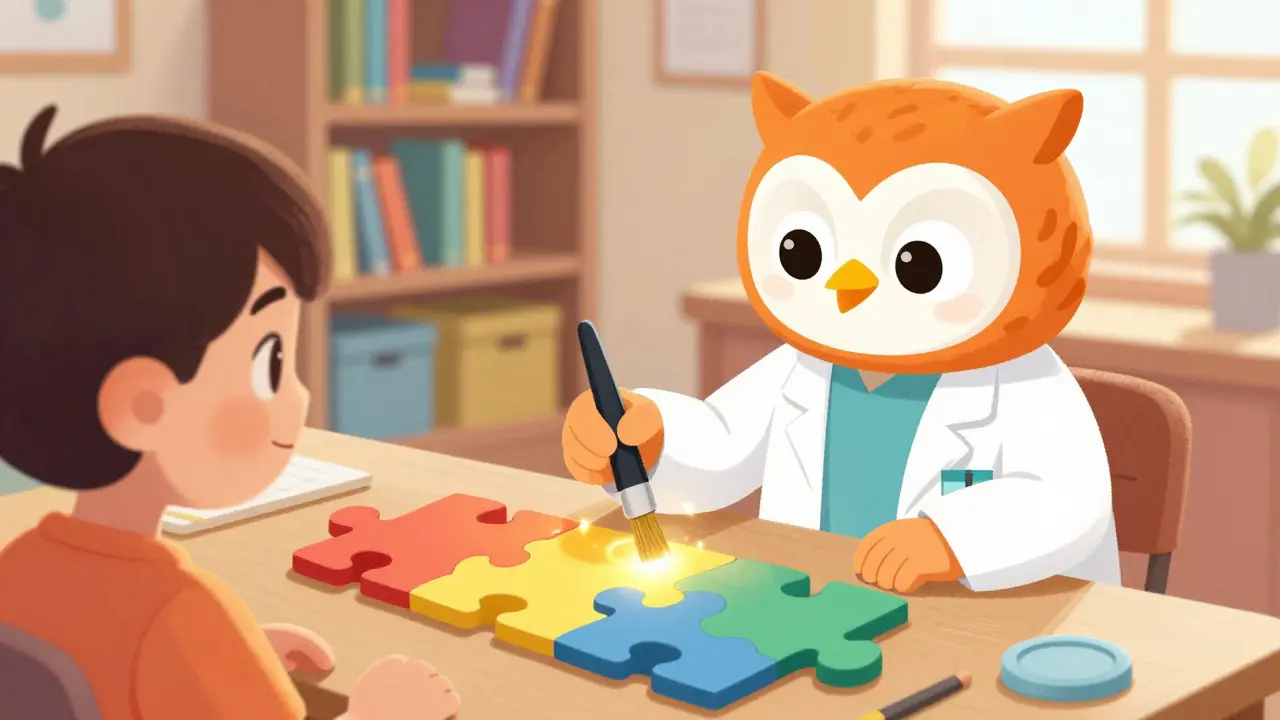 A wise owl doctor smoothing the jagged edges of a colorful puzzle piece with a golden brush.
