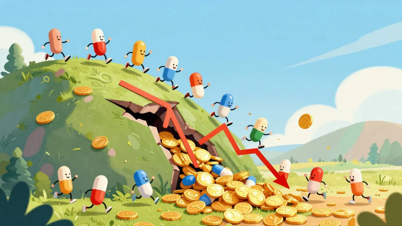Friendly generic drug characters causing a mountain of prices to collapse into coins.