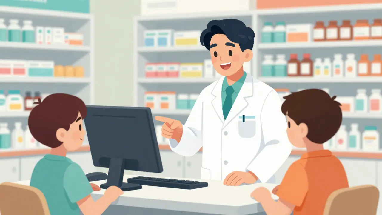 Friendly pharmacist helping a patient in a bright, colorful pharmacy