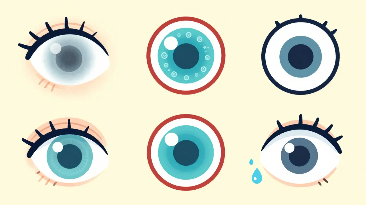 Illustrations of different eye conditions including cloudiness and corneal swirls.