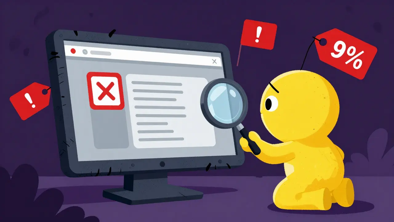 Cartoon character inspecting shady website for red flags and scams.