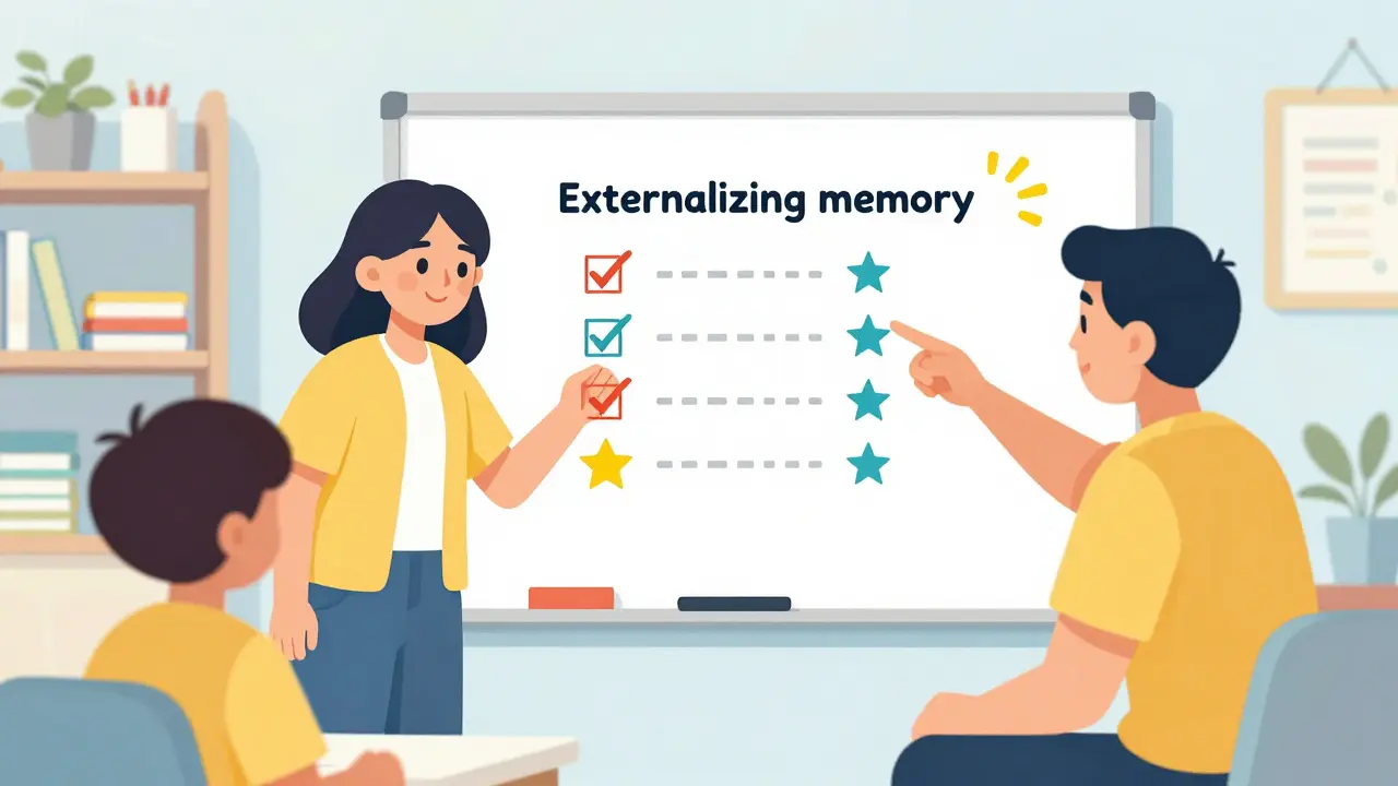 Cartoon of an ADHD coach helping a client organize tasks on a whiteboard.