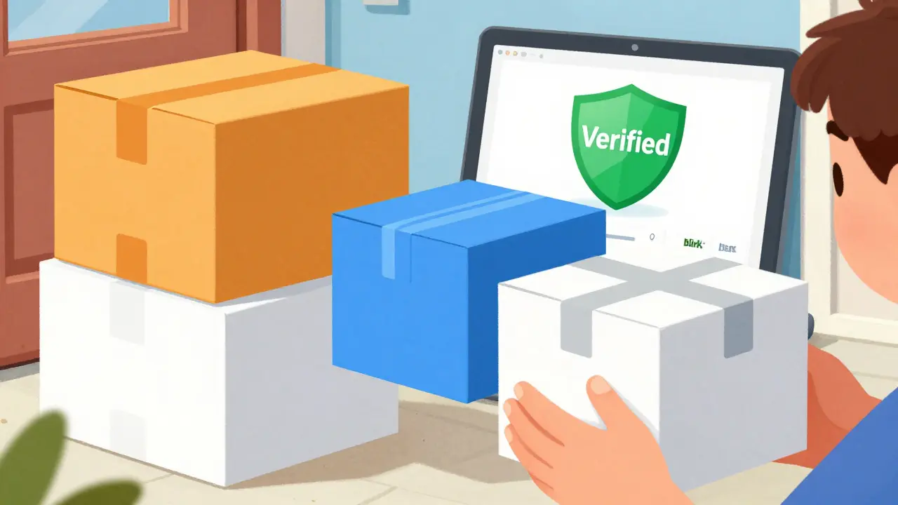 Cartoon of delivery packages arriving safely from verified online pharmacies.