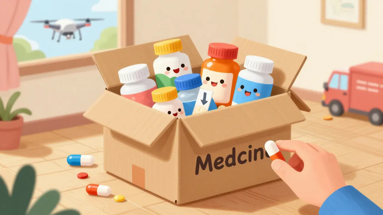 Cartoon of medicine box with pills and delivery icons for savings