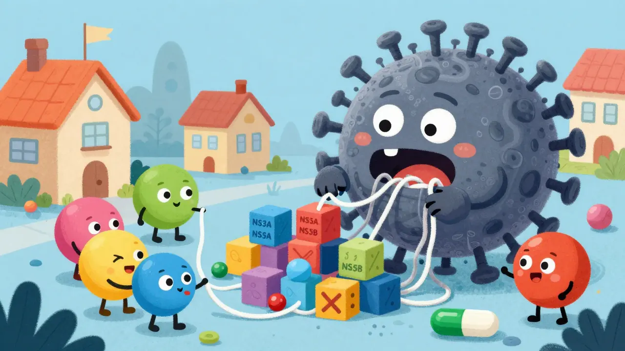 Cartoon pills dismantling a virus monster in a microscopic village