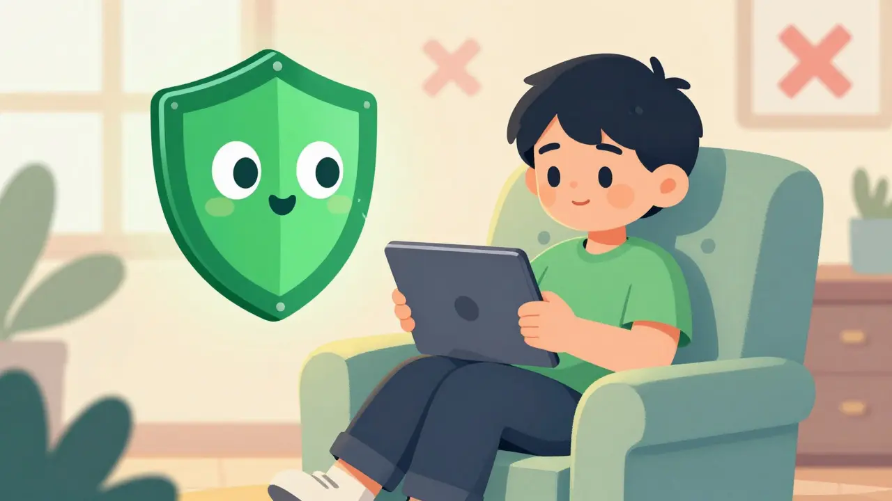 Character checking online pharmacy safety with a protective shield mascot.