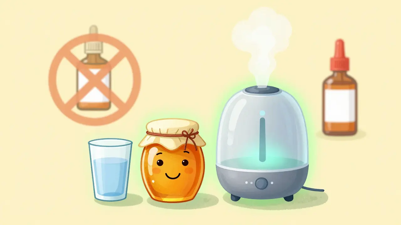 Cheerful honey jar and humidifier offering safe cough relief alternatives.
