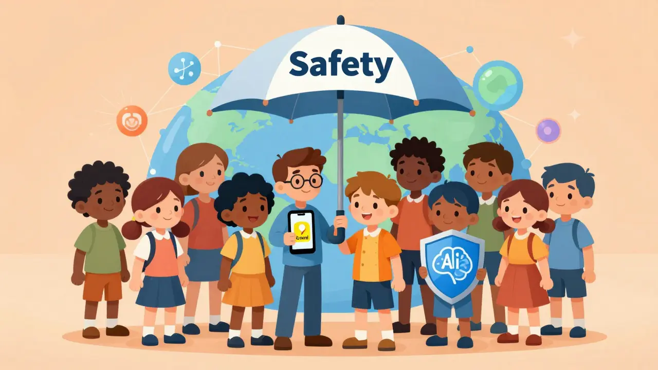 Diverse cartoon team united under a safety umbrella