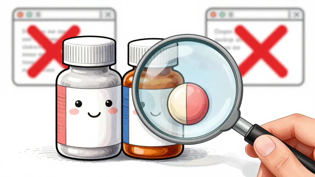 Drawing comparing generic and brand pills showing they are equivalent.