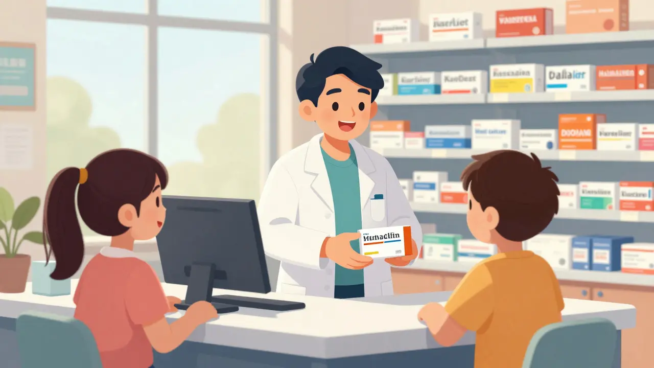 Friendly pharmacist handing medication at a safe, verified pharmacy.
