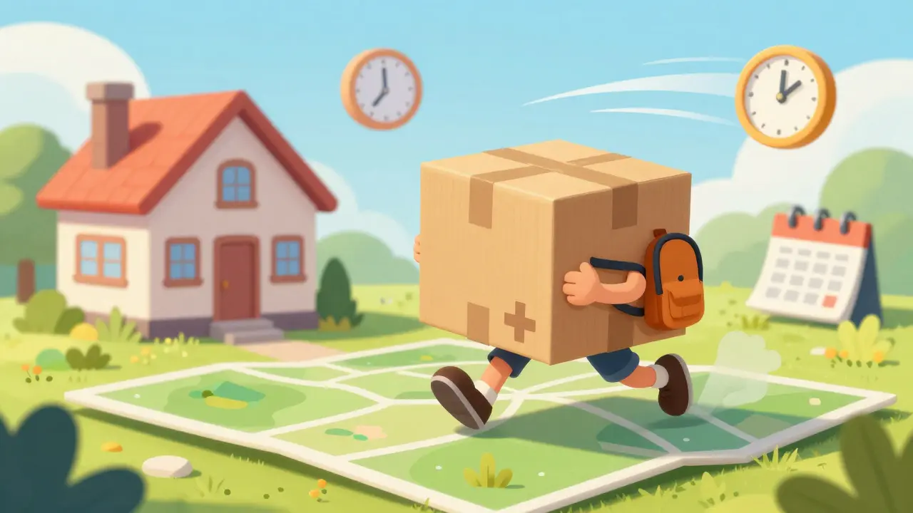Happy cartoon delivery box running towards a house with medical cross