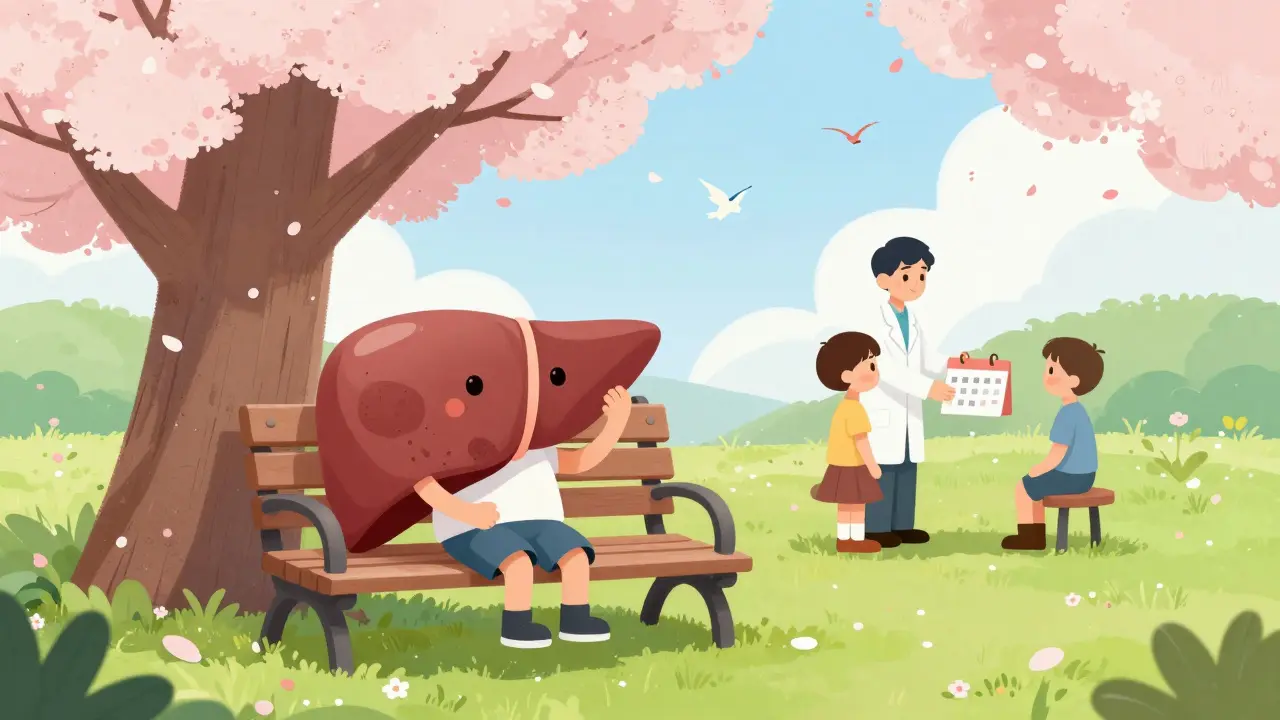 Healed liver character relaxing under a tree after treatment