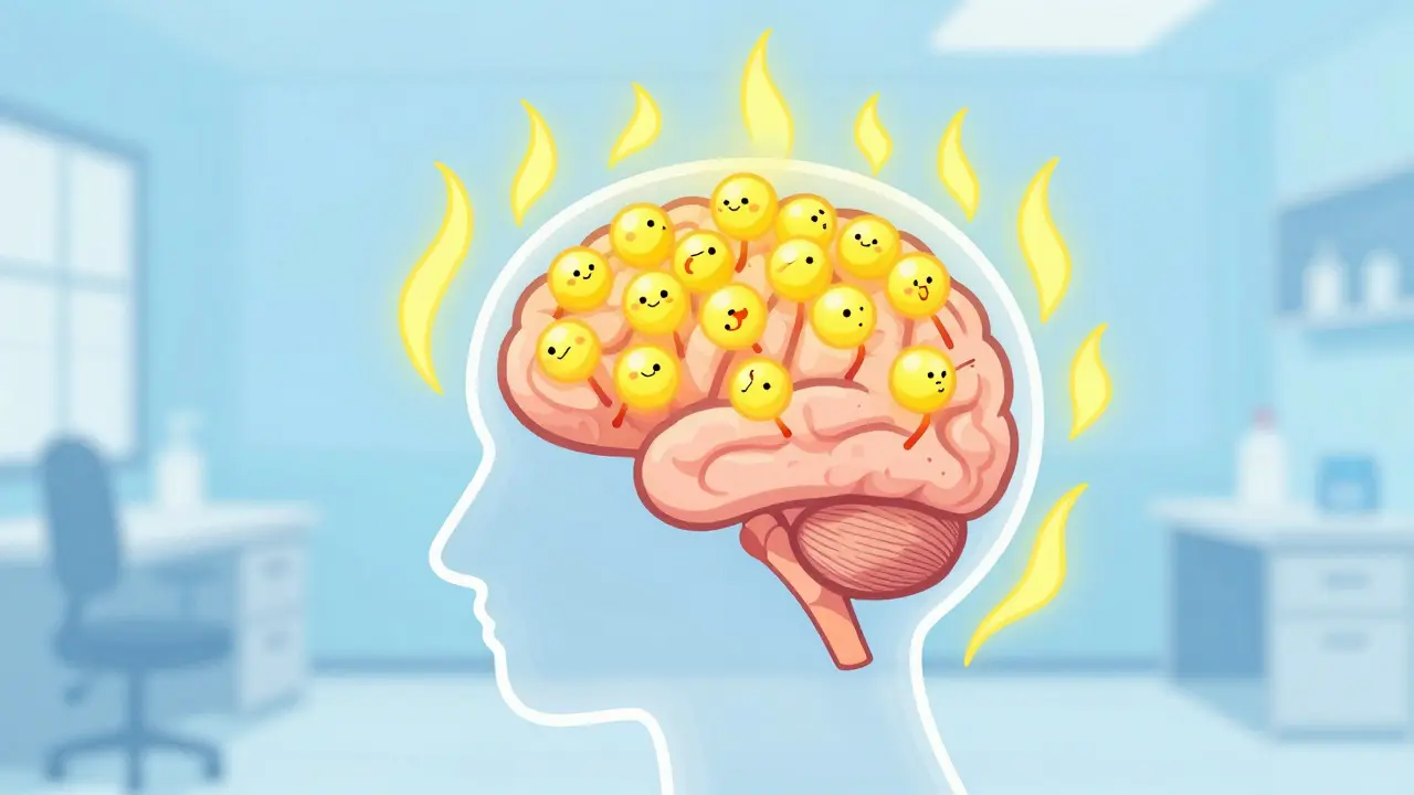 Illustrated brain character dizzy from piled-up glowing serotonin molecules.