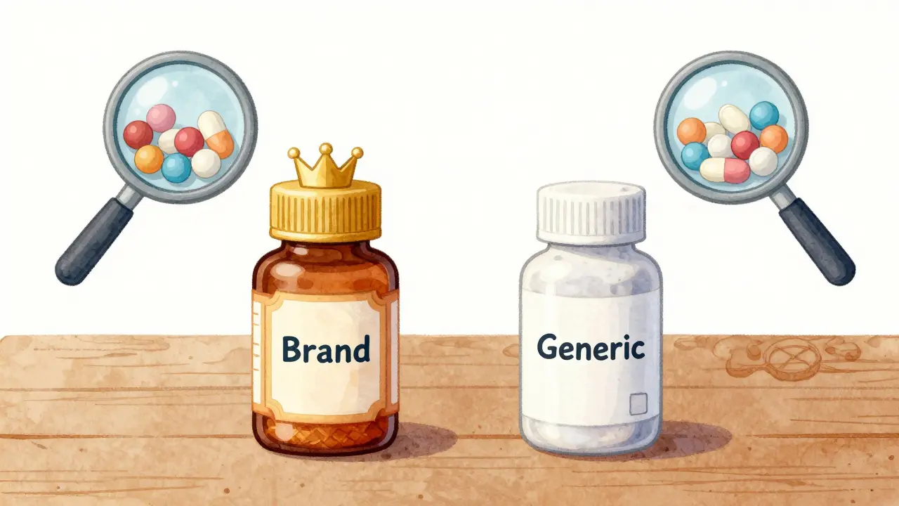 Illustration comparing brand-name and generic pills showing they are identical.