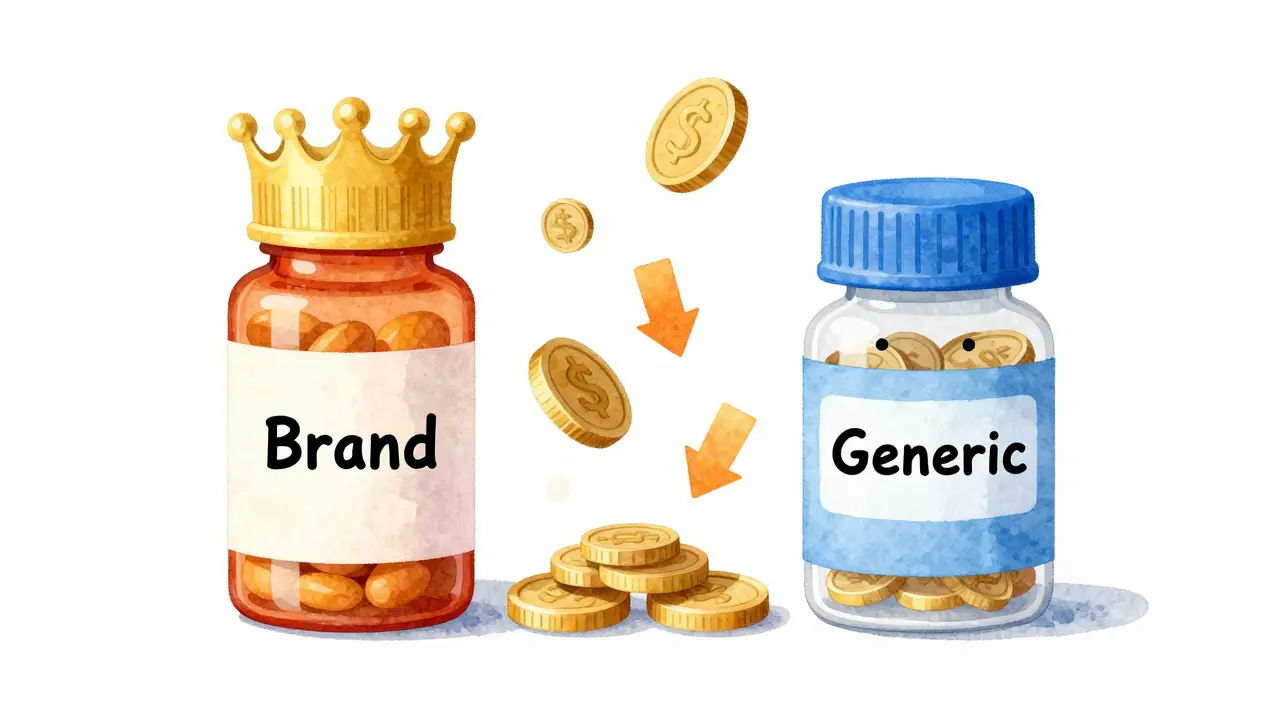Illustration comparing fancy brand pill bottle with simple generic one