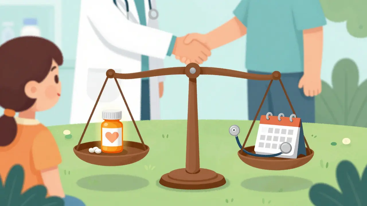 Illustration of a balanced scale with medicine and medical monitoring tools.