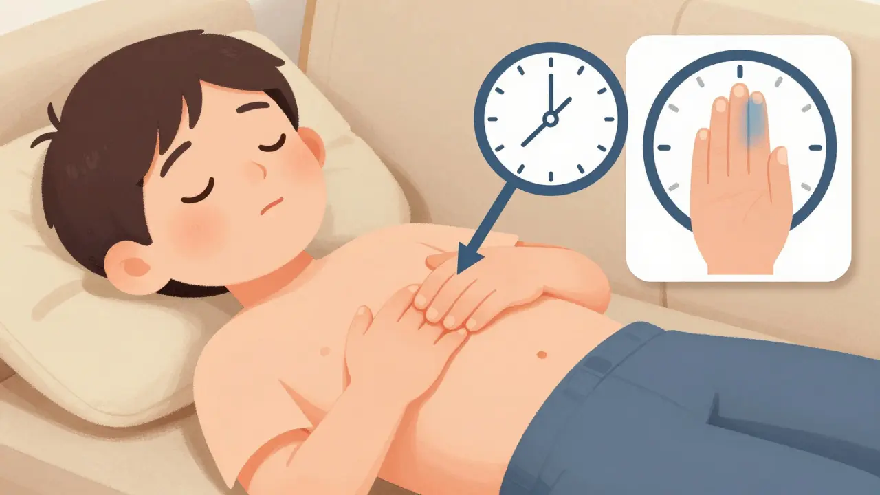 Illustration showing how to check breathing and skin color.