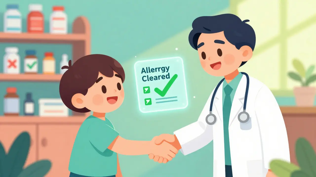 Patient and allergist celebrating cleared allergy status in clinic.