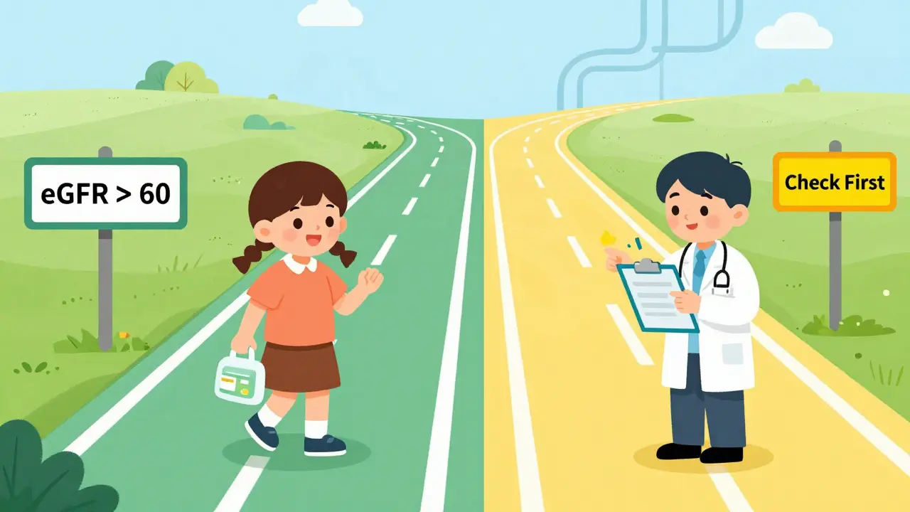 Split illustration showing safe vs cautious paths for metformin use