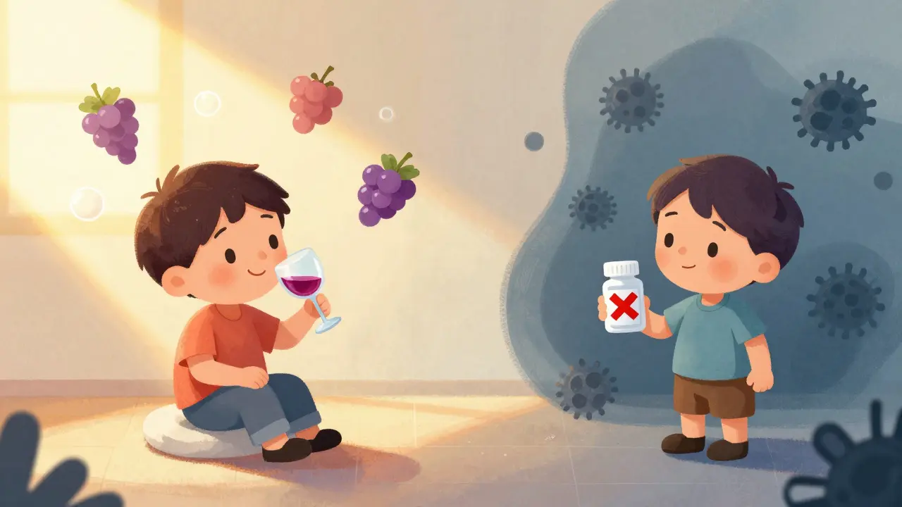 Split scene showing safe foods versus risky antibiotic medications.