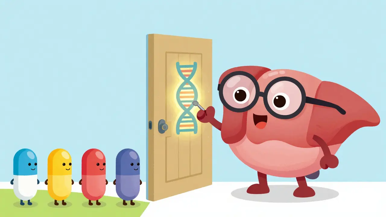Anthropomorphic liver checking DNA keys for colorful pill characters
