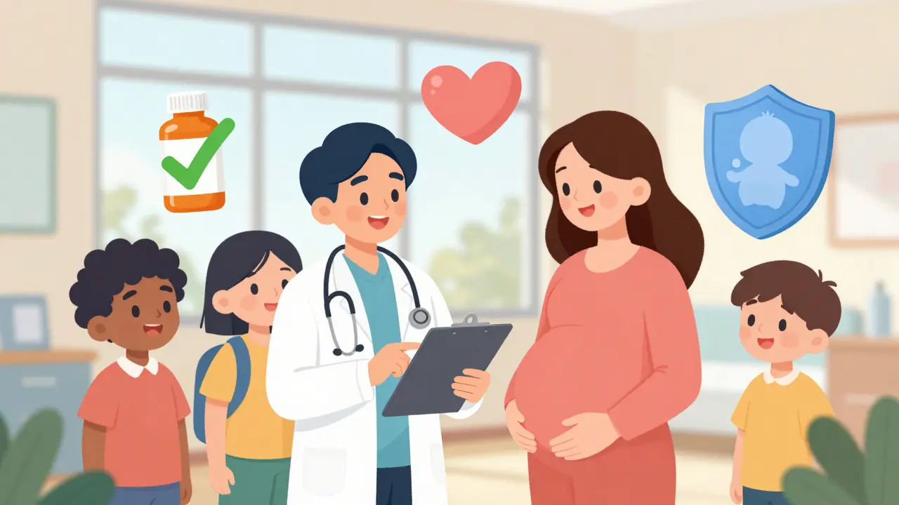 Doctor advising pregnant mother on safe medication alternatives