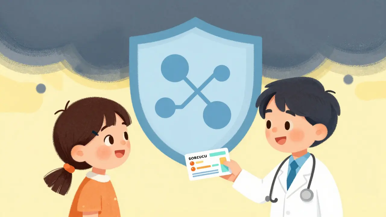 Doctor giving personalized prescription to happy patient with protective shield