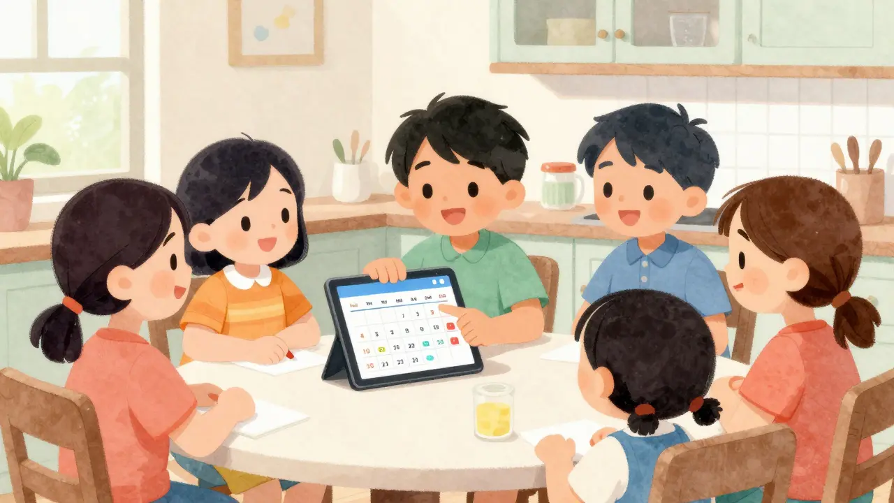 Family coordinating care using a shared digital medication calendar on a tablet.